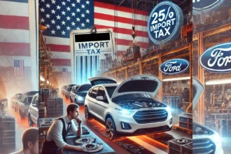 A conceptual illustration showing a Ford vehicle on an assembly line with the American flag in the background. Prominent "25% IMPORT TAX" and "IMPORT TAX" signage highlights President Trump's tariff policy that now includes a 30-day exemption for "Big Three" automakers complying with USMCA regulations. The image visualizes the intersection of American manufacturing, international trade policy, and the automotive industry's response to new tariffs on imports from Canada and Mexico.
