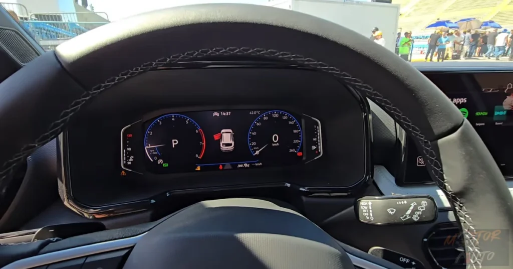 Close-up of the VW Tera's digital instrument cluster displaying vehicle information, navigation, and driver assistance features.