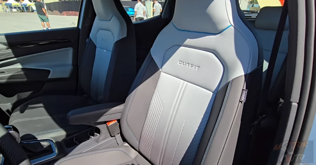 The VW Tera's front seats feature ergonomic design with "OUTFIT" embossing, two-tone upholstery, and supportive bolstering.