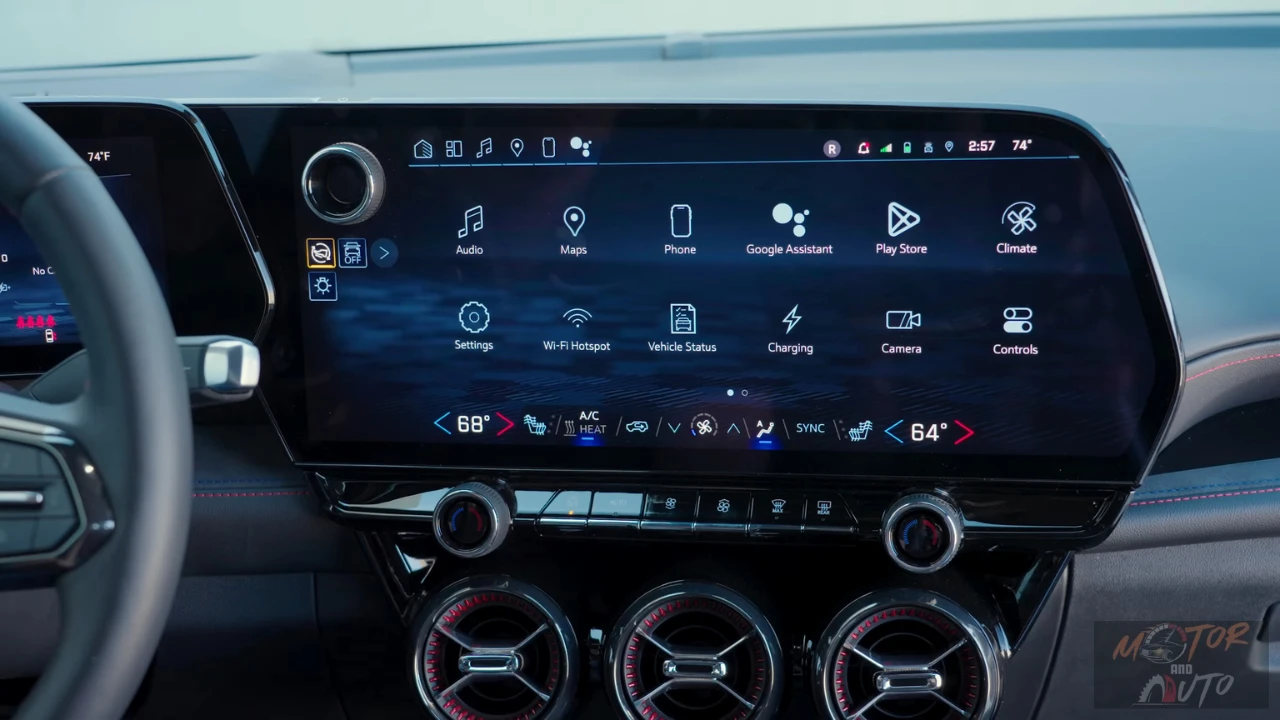 The 17.7-inch diagonal advanced color LCD touchscreen display in the 2025 Blazer EV features Google built-in capabilities, customizable layout, and integrated climate controls.