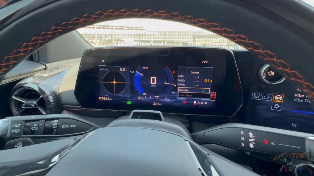 Digital instrument cluster of the 2025 Chevrolet Blazer EV showing speed, battery level, range information, and G-force meter.