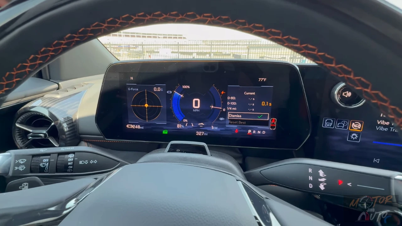 Digital instrument cluster of the 2025 Chevrolet Blazer EV showing speed, battery level, range information, and G-force meter.
