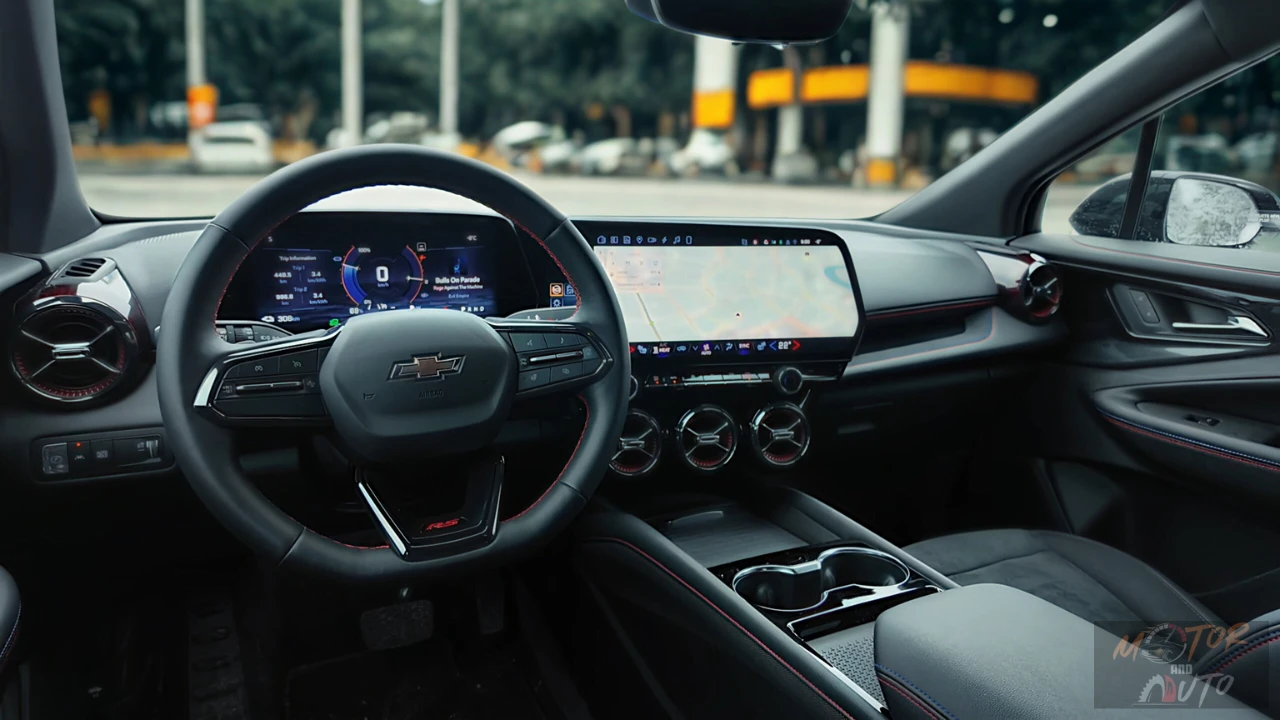 Interior dashboard view of 2025 Chevrolet Blazer EV RS showing dual digital screens, flat-bottom steering wheel with RS badge, and circular air vents with red accents.
