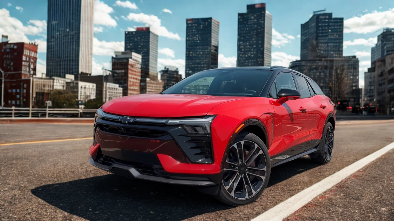 The bold 2025 Chevrolet Blazer EV SS in vibrant red showcases its distinctive front-end design with integrated LED lighting, aerodynamic profile, and sporty black accents against a dramatic city skyline.