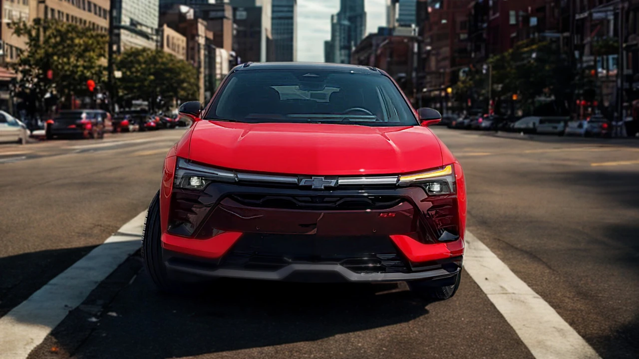 The 2025 Chevrolet Blazer EV SS displays its aggressive front fascia with illuminated black grille, slim LED headlights, and dynamic lower air intakes, captured in vibrant red against an urban backdrop.