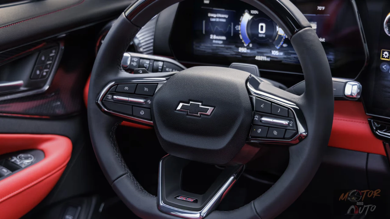 The flat-bottom, leather-wrapped steering wheel in the 2025 Blazer EV SS features integrated controls, premium stitching, and the SS badge, highlighting its performance-oriented character.