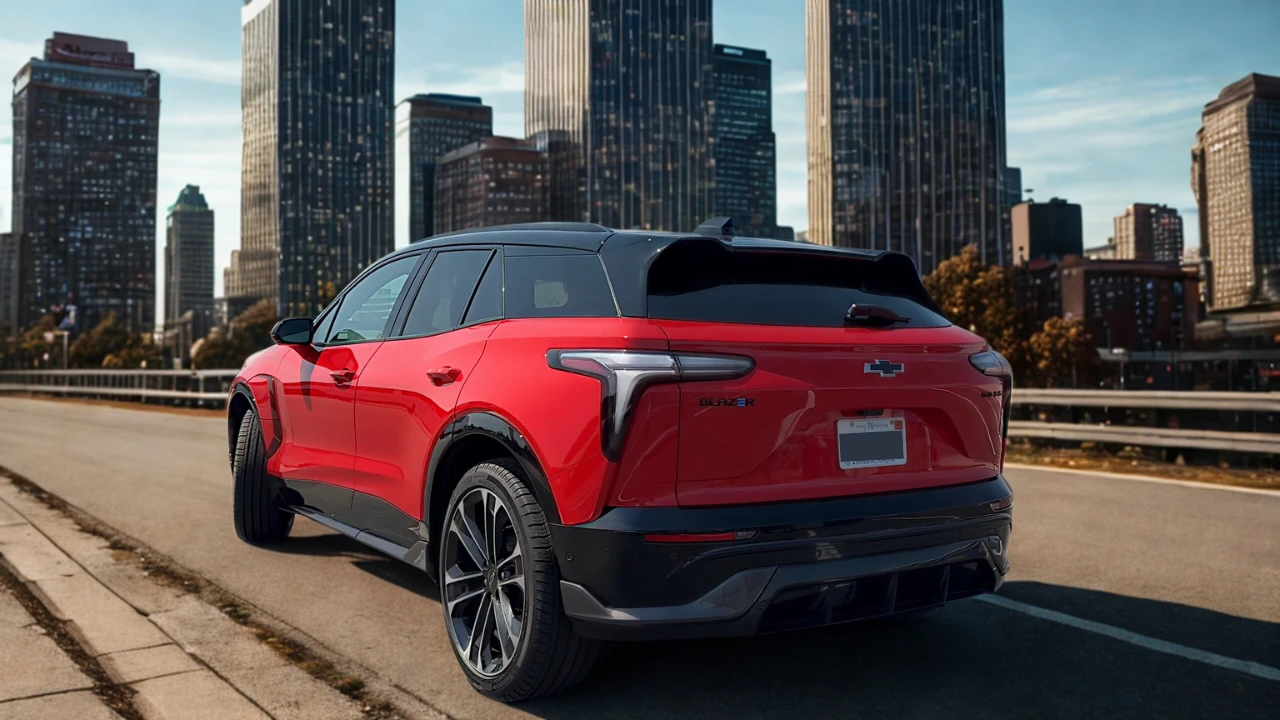 The 2025 Chevrolet Blazer EV SS exhibits its sculpted rear styling with distinctive LED taillights, floating roof design with black contrasting elements, and aerodynamic profile against a modern cityscape.