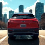 The 2025 Chevrolet Blazer EV SS showcases its distinctive full-width LED taillight signature, clean tailgate design with integrated Chevrolet bowtie, and dual-tone color scheme from the rear against a metropolitan backdrop.