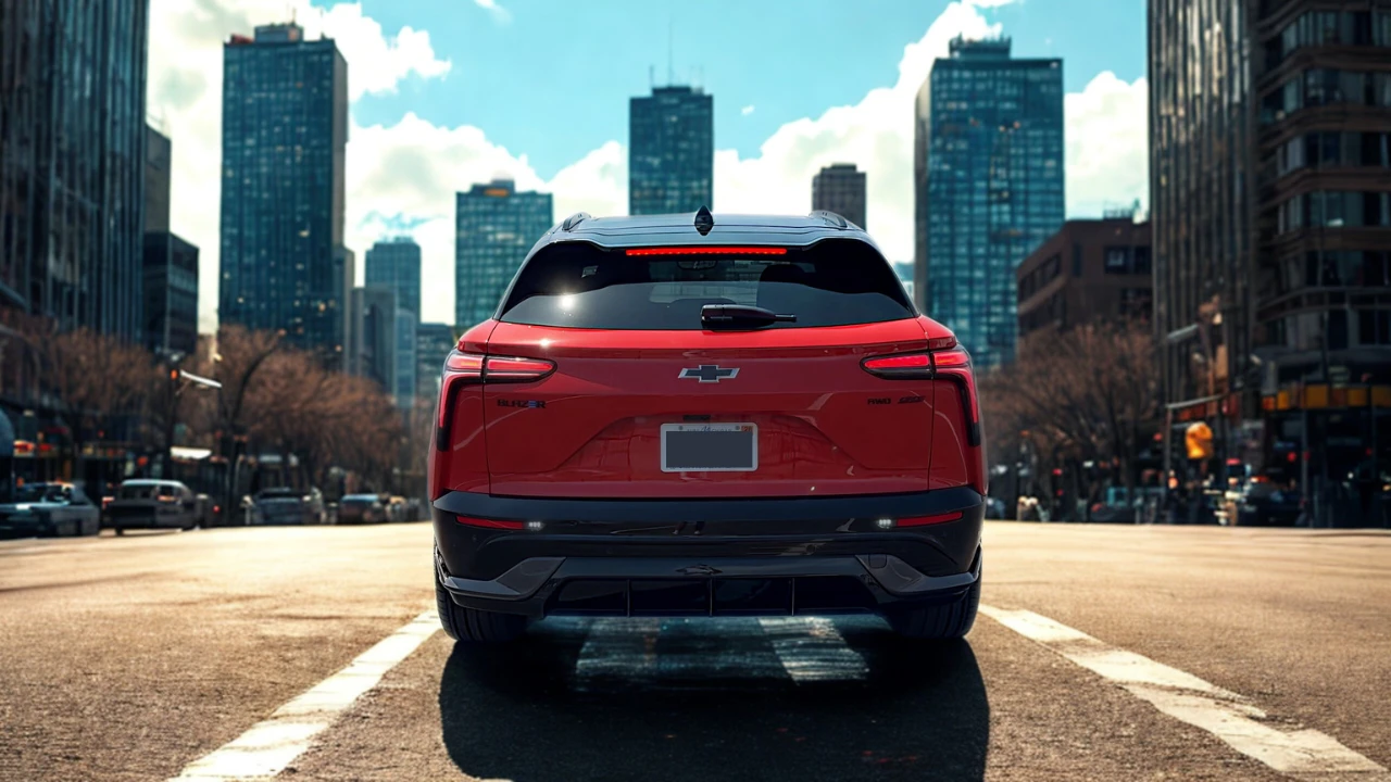 The 2025 Chevrolet Blazer EV SS showcases its distinctive full-width LED taillight signature, clean tailgate design with integrated Chevrolet bowtie, and dual-tone color scheme from the rear against a metropolitan backdrop.