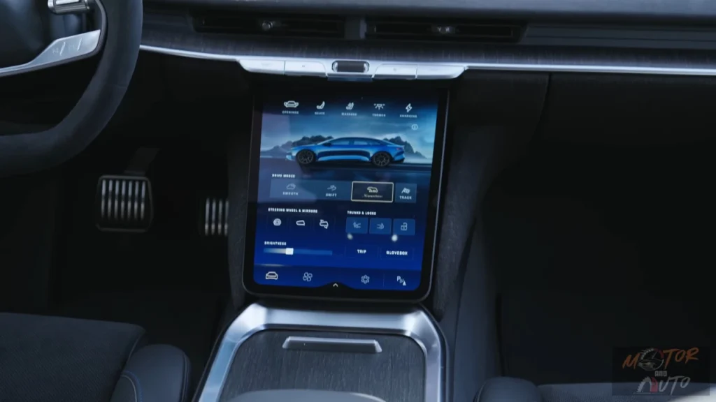 Close-up of the 2025 Lucid Air's touchscreen showing the drive mode selection interface with mode options displayed against a blue background featuring a side profile image of the car.