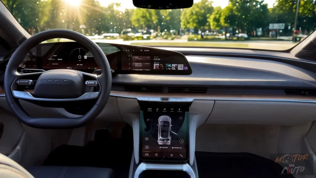 The elegant dashboard of the 2025 Lucid Air featuring the 34-inch curved glass cockpit display and floating center screen. The harmonious integration of technology with premium materials creates a serene yet advanced environment.