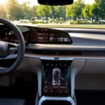 The elegant dashboard of the 2025 Lucid Air featuring the 34-inch curved glass cockpit display and floating center screen. The harmonious integration of technology with premium materials creates a serene yet advanced environment.