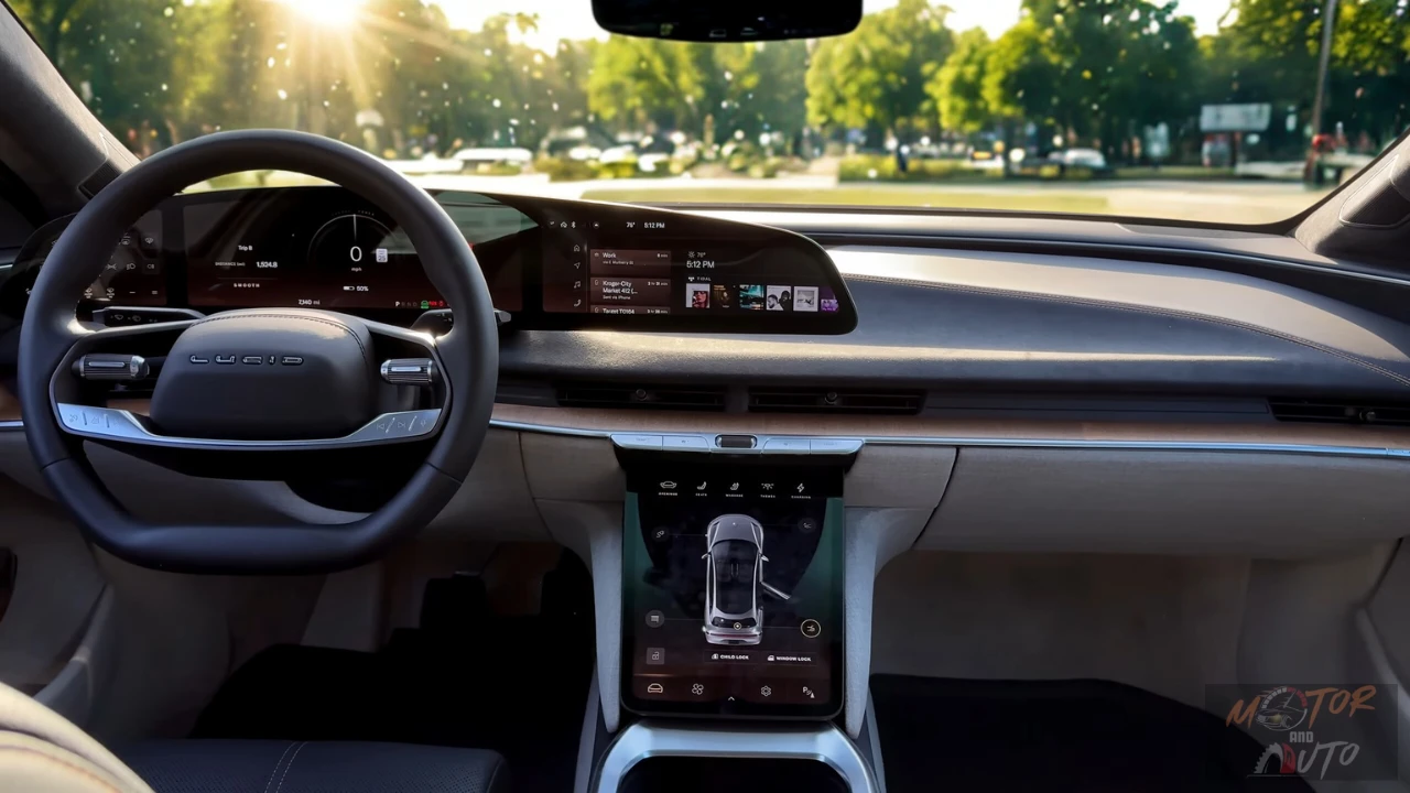The elegant dashboard of the 2025 Lucid Air featuring the 34-inch curved glass cockpit display and floating center screen. The harmonious integration of technology with premium materials creates a serene yet advanced environment.