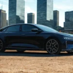Side profile of the 2025 Lucid Air highlighting its long wheelbase and efficient proportions.