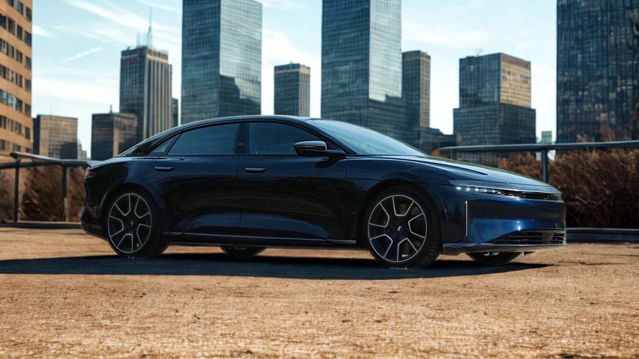 Side profile of the 2025 Lucid Air highlighting its long wheelbase and efficient proportions.