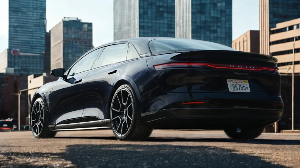 The rear quarter view of the 2025 Lucid Air Sapphire showcasing its premium wheels and distinctive tail light bar. The Sapphire trim represents the pinnacle of Lucid performance with 1234 horsepower and tri-motor configuration.
