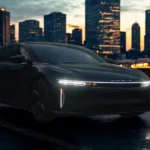 Front view of a dark gray 2025 Lucid Air electric luxury sedan with illuminated headlights and Lucid logo positioned on a wet road with city skyscrapers in the background during sunset.