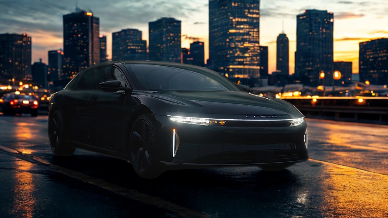 Front view of a dark gray 2025 Lucid Air electric luxury sedan with illuminated headlights and Lucid logo positioned on a wet road with city skyscrapers in the background during sunset.