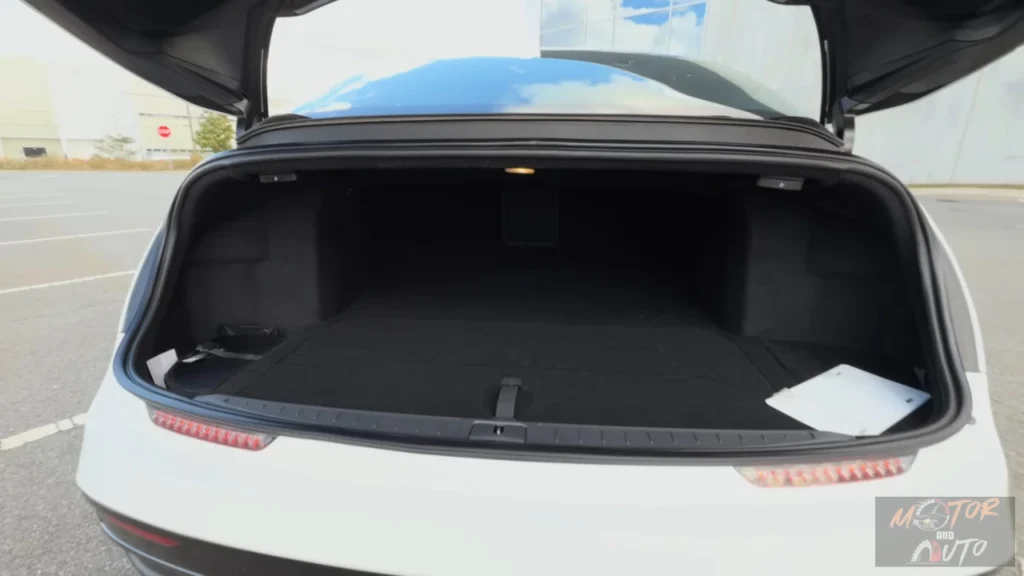 The rear trunk of the 2025 Lucid Air viewed from behind, highlighting its 22 cubic feet capacity and convenient access.