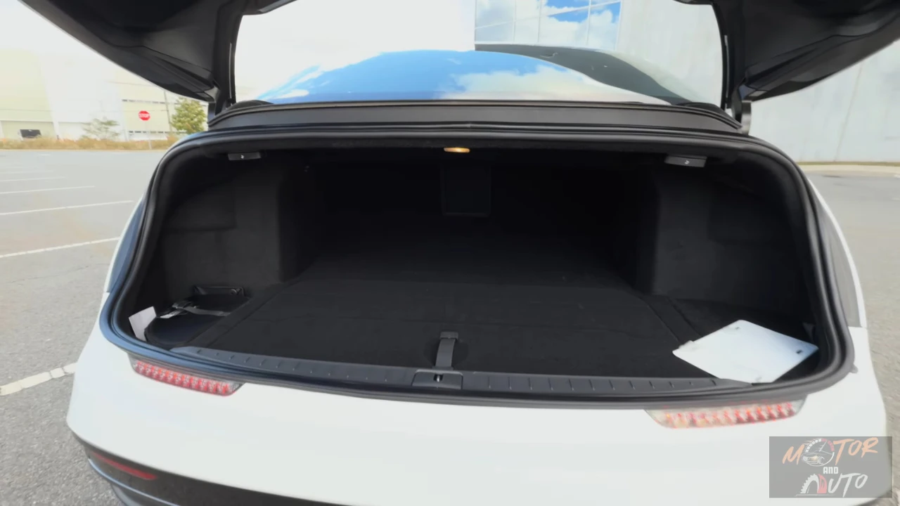 The rear trunk of the 2025 Lucid Air viewed from behind, highlighting its 22 cubic feet capacity and convenient access.