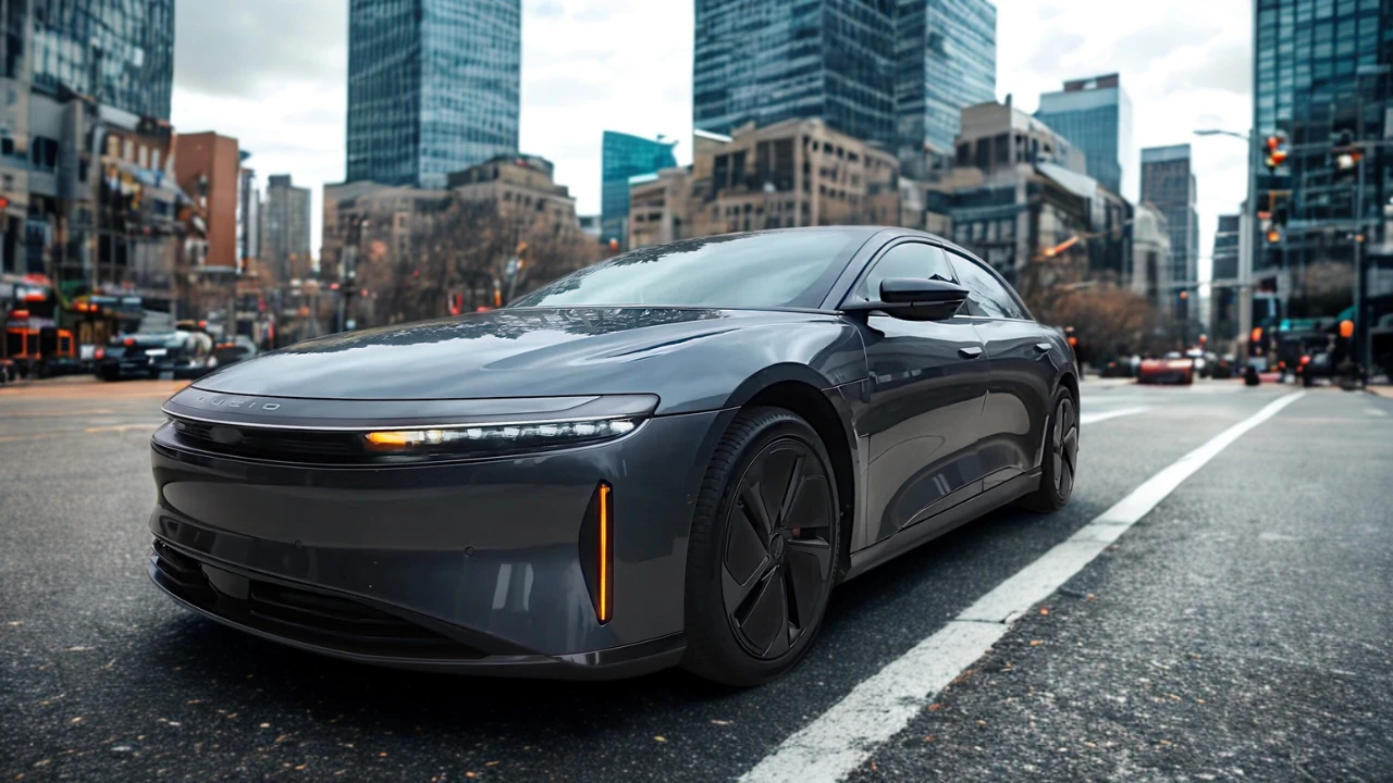 Side view of a gray 2025 Lucid Air electric sedan with distinctive aerodynamic styling and black wheels driving on a city street with modern buildings in the background during daytime.