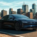 Front three-quarter view of a dark blue 2025 Lucid Air electric luxury sedan