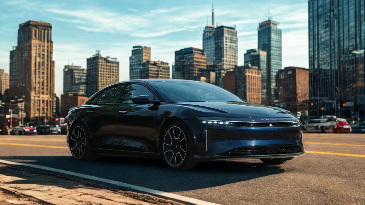 Front three-quarter view of a dark blue 2025 Lucid Air electric luxury sedan