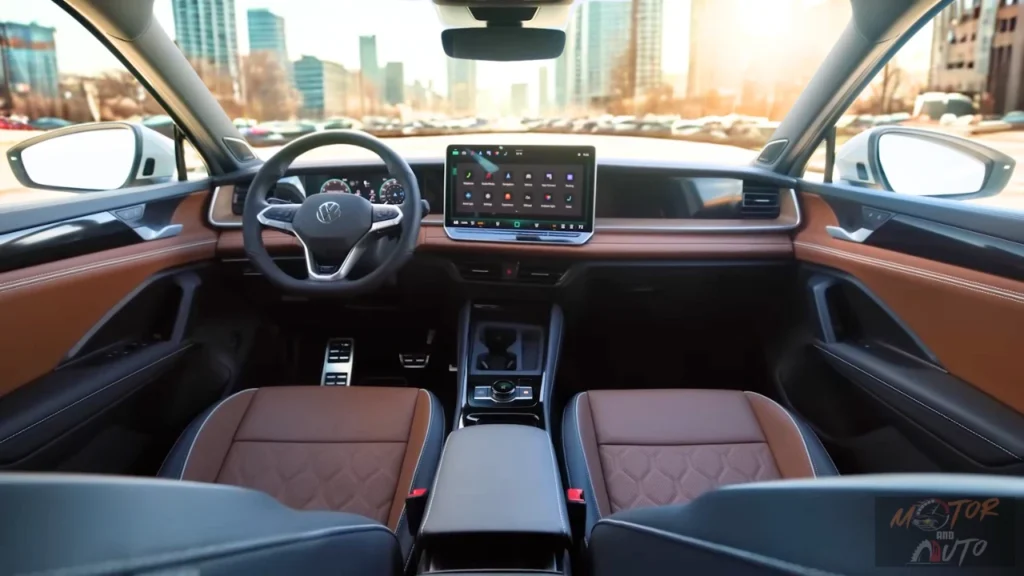 Full interior view of the 2025 Tiguan SEL R-Line showcasing the premium brown and black leather seats with quilted pattern, walnut wood trim, and sophisticated cabin design that rivals luxury vehicles.