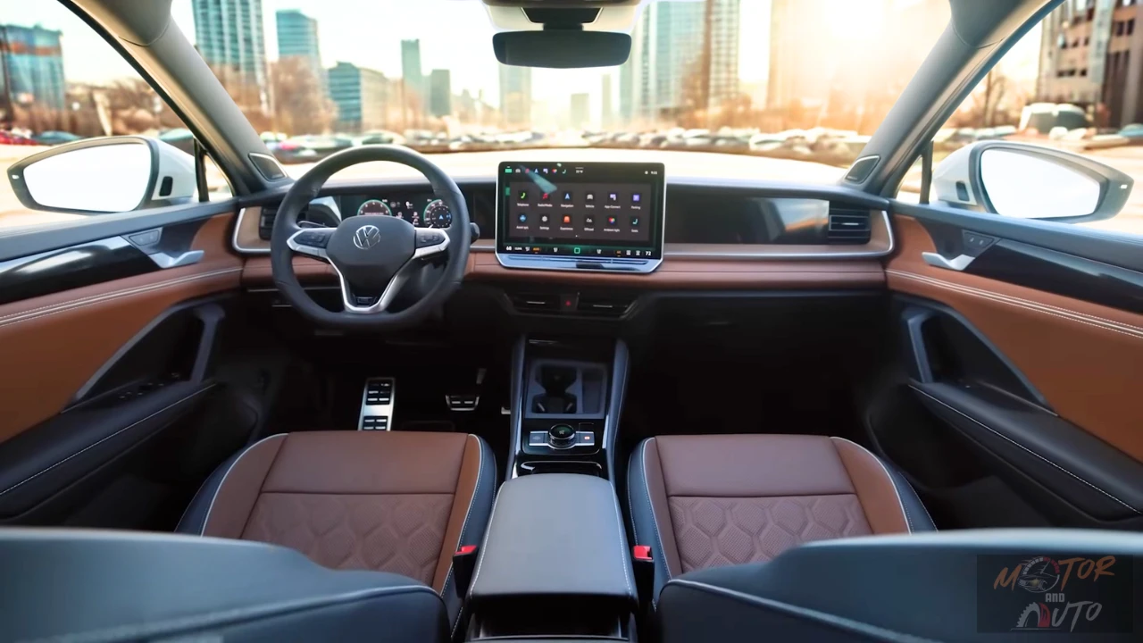 Full interior view of the 2025 Tiguan SEL R-Line showcasing the premium brown and black leather seats with quilted pattern, walnut wood trim, and sophisticated cabin design that rivals luxury vehicles.