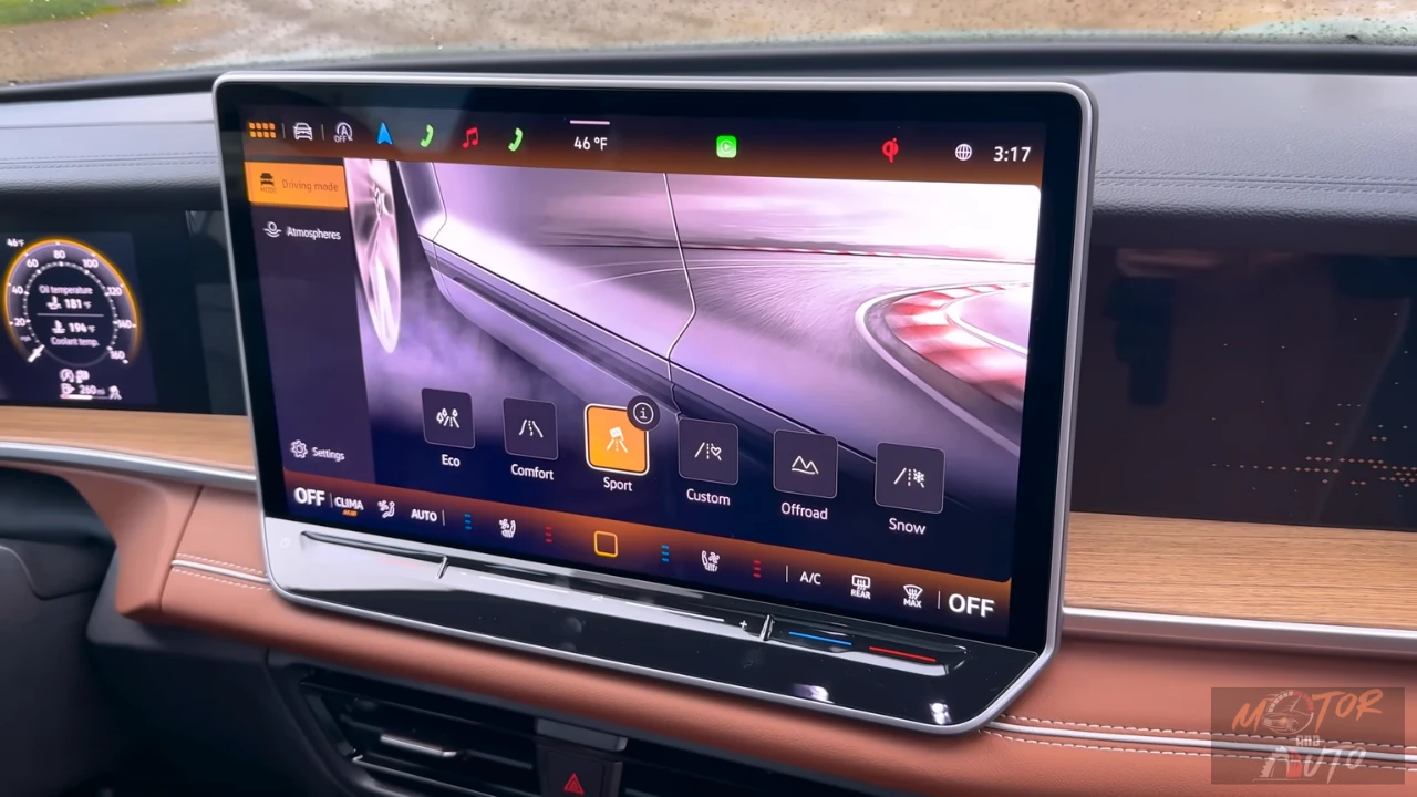 Touchscreen of 2025 Volkswagen Tiguan showing drive mode selection interface with Eco, Comfort, Sport, and other driving modes