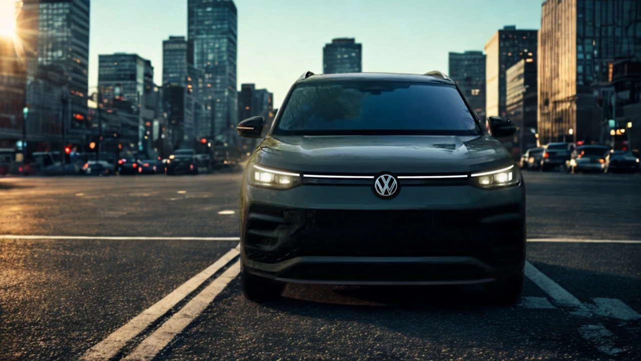 Front view of 2025 Volkswagen Tiguan at dusk with LED headlights illuminated in urban setting showing lighting technology