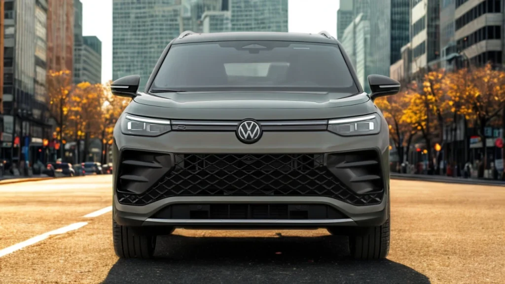 Front view of 2025 Volkswagen Tiguan in gray showing LED headlights, large black grille, and modern SUV design in urban setting