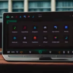 Touchscreen display of 2025 Volkswagen Tiguan showing infotainment system home screen with various app icons and climate controls