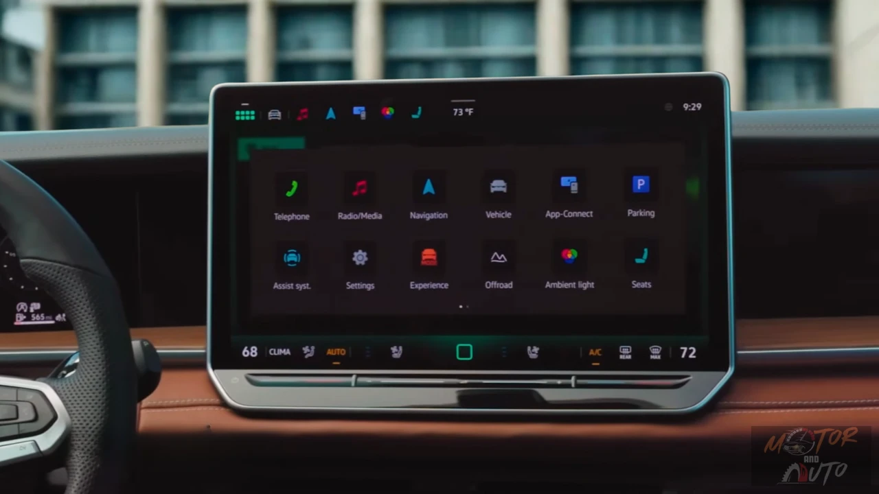 Touchscreen display of 2025 Volkswagen Tiguan showing infotainment system home screen with various app icons and climate controls