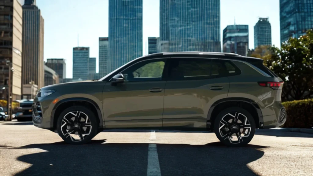 Side profile view of 2025 Volkswagen Tiguan showing complete vehicle proportions, door design, and wheel placement in urban environment