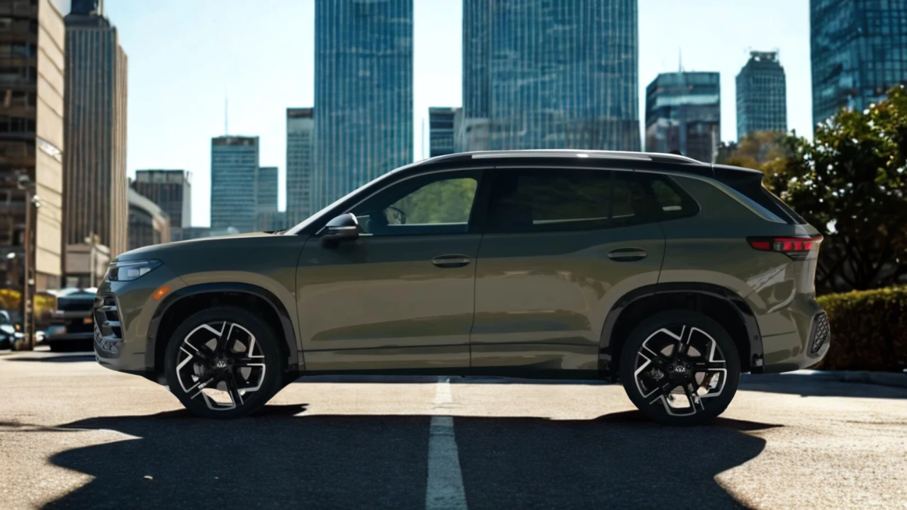 Side profile view of 2025 Volkswagen Tiguan showing complete vehicle proportions, door design, and wheel placement in urban environment