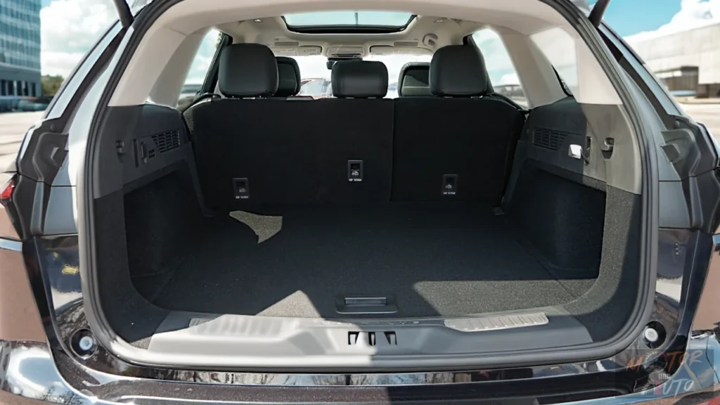 Cargo area of 2025 Lincoln Nautilus showing spacious storage capacity with power liftgate opening and practical loading space for luggage and cargo