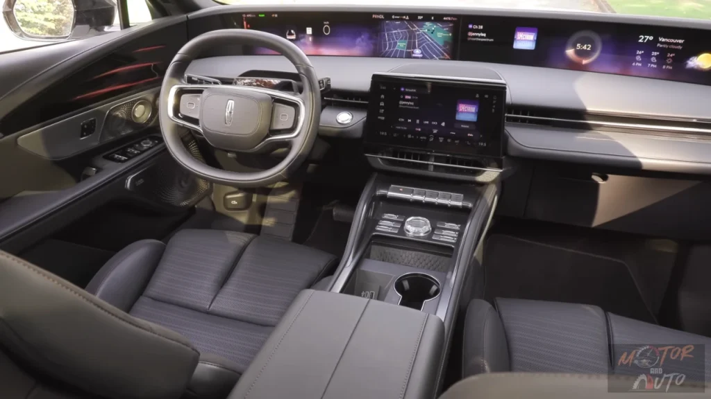 Complete dashboard view of 2025 Lincoln Nautilus showing the full 48-inch curved display spanning the width of the cabin, steering wheel, and luxury interior appointments