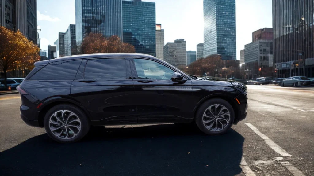 Full side profile view of 2025 Lincoln Nautilus showing complete vehicle proportions, wheel design, window configuration, and flowing body lines against downtown city backdrop