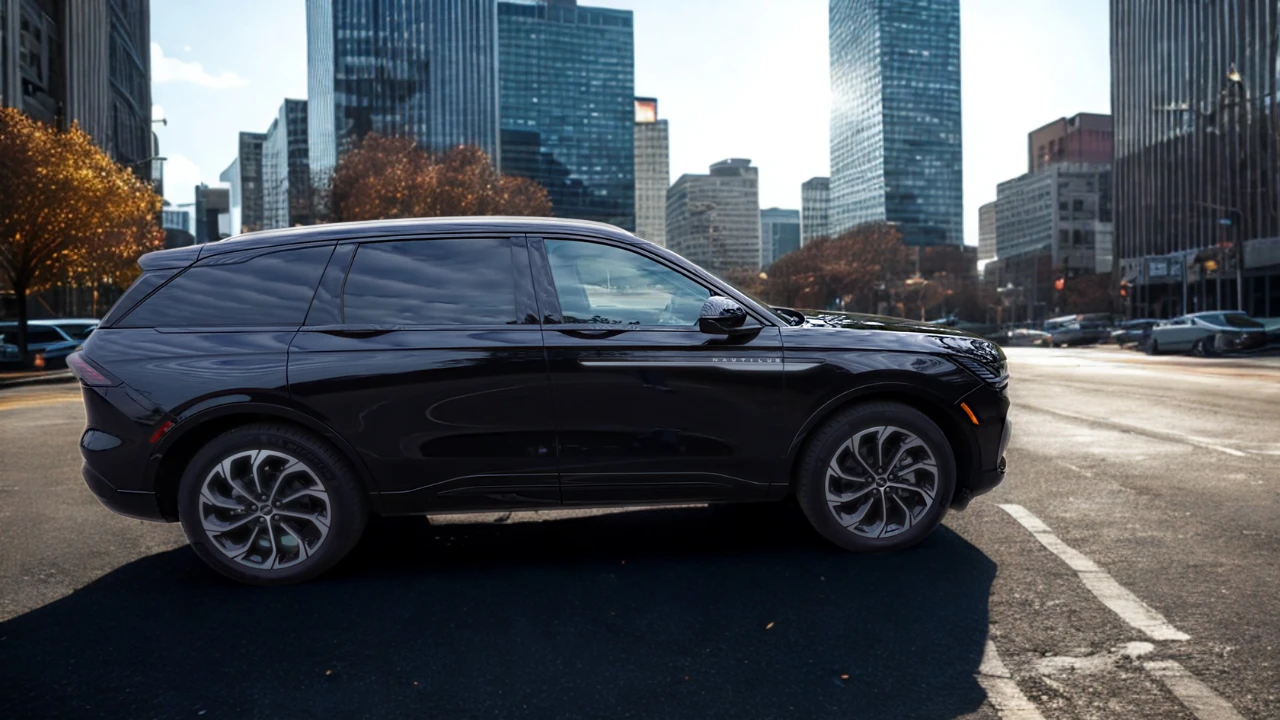 Full side profile view of 2025 Lincoln Nautilus showing complete vehicle proportions, wheel design, window configuration, and flowing body lines against downtown city backdrop
