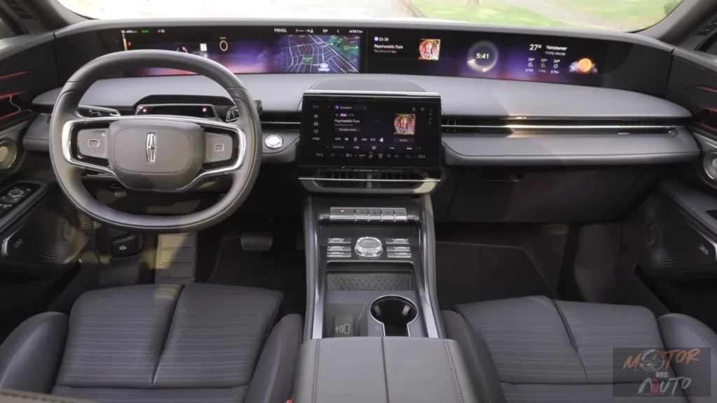 Driver's perspective of 2025 Lincoln Nautilus interior showing the full 48-inch curved display with navigation map, music controls, weather information, and squared steering wheel