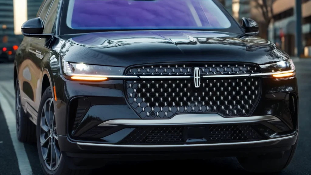 Close-up front view of 2025 Lincoln Nautilus showing diamond mesh grille pattern, LED headlights with amber turn signals, illuminated Lincoln star logo, and premium chrome detailing