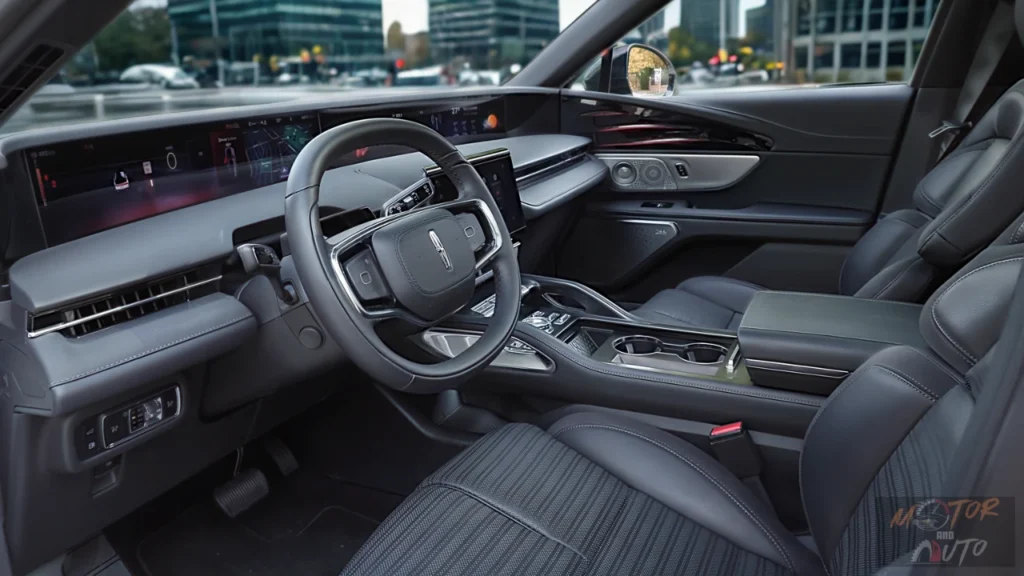 Interior dashboard view of 2025 Lincoln Nautilus showing the massive 48-inch curved display screen spanning across the dashboard, black leather seats, and modern Lincoln Digital Experience interface