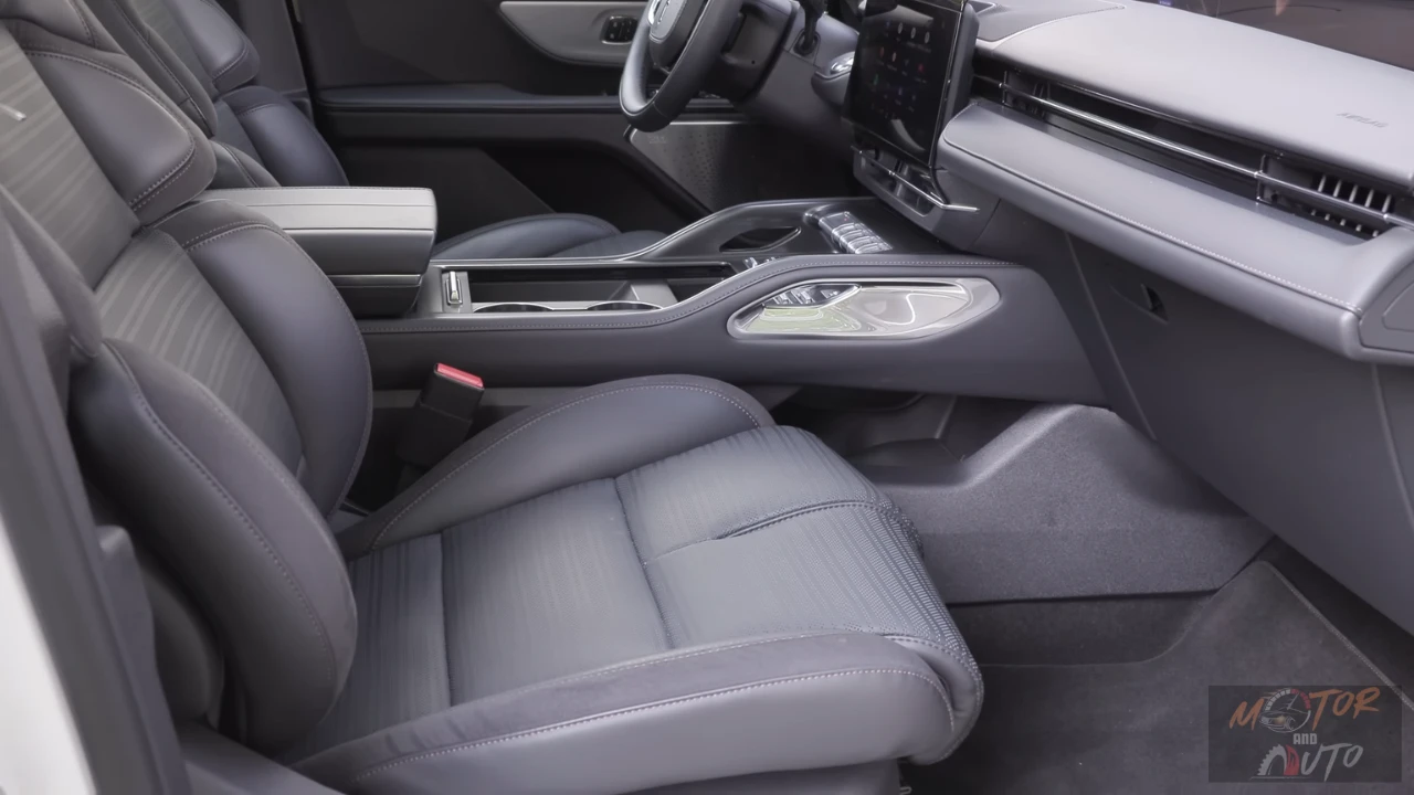 Side view of 2025 Lincoln Nautilus premium leather seats showing detailed stitching patterns, luxury materials, and comfortable seating configuration