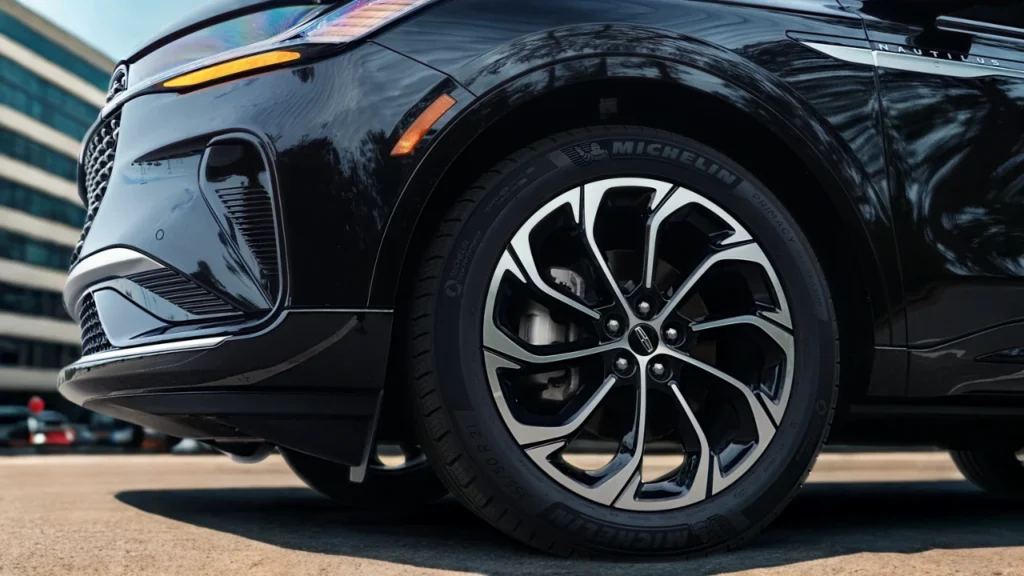 Close-up detail of 2025 Lincoln Nautilus alloy wheel showing multi-spoke design, Michelin tire branding, and side body styling with functional air curtain vents