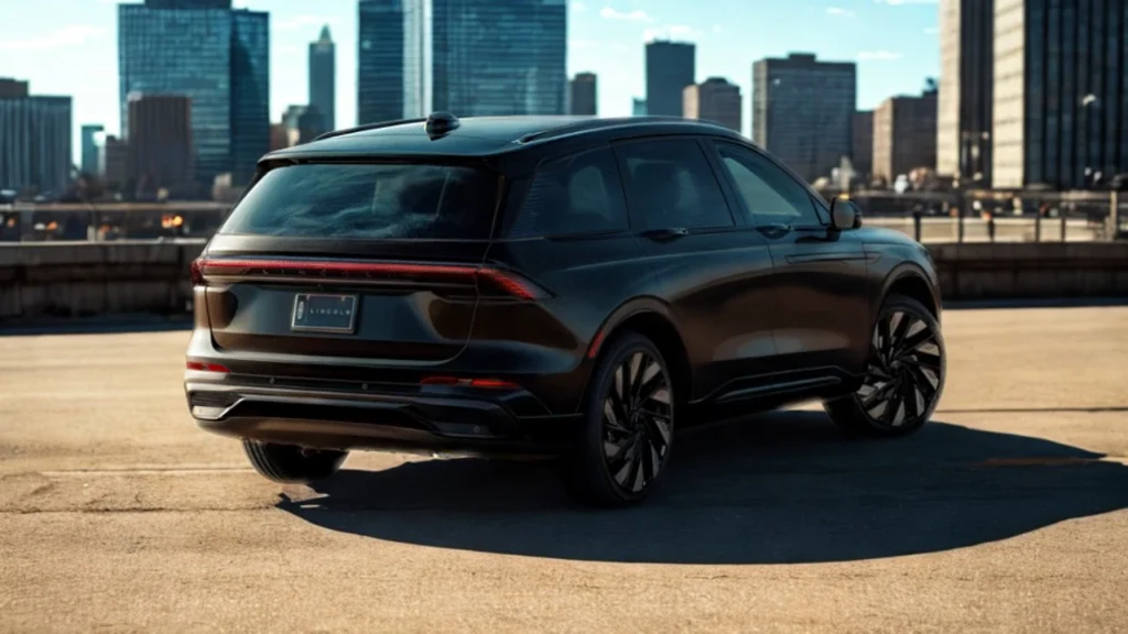 Rear three-quarter angle view of 2025 Lincoln Nautilus in urban setting showing overall vehicle design, LED tail light bar, wheel configuration, and city skyline background