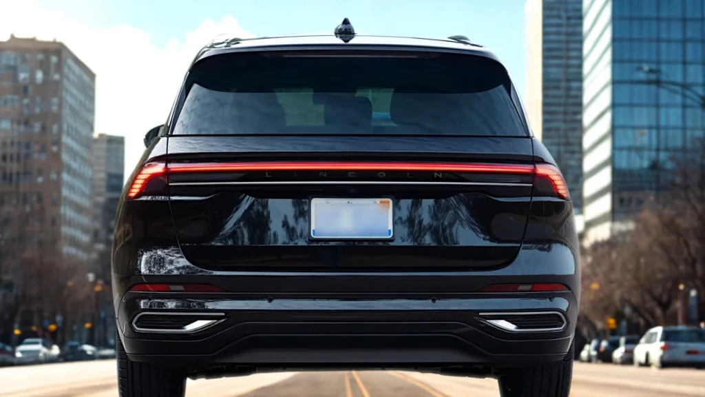 Rear view of 2025 Lincoln Nautilus showing continuous LED tail light bar across the width, Lincoln lettering, license plate area, and lower bumper design