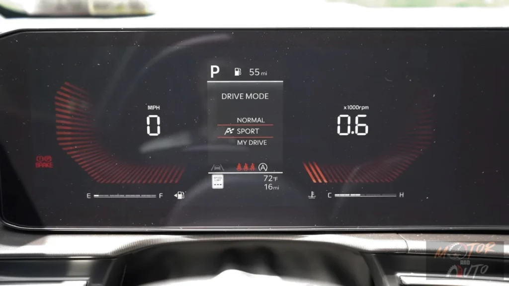 Digital instrument cluster of 2026 Kia Sportage showing drive mode selection menu with Normal, Sport, and My Drive options, fuel gauge, and temperature readings