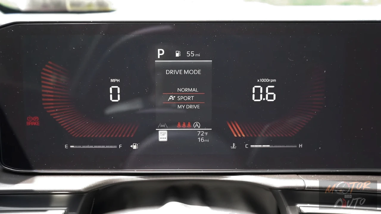 Digital instrument cluster of 2026 Kia Sportage showing drive mode selection menu with Normal, Sport, and My Drive options, fuel gauge, and temperature readings