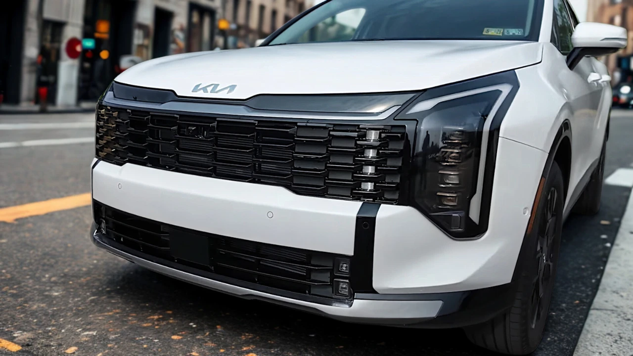 Close-up of 2026 Kia Sportage lower front bumper showing parking sensors, fog light area, black protective cladding, and modern bumper design